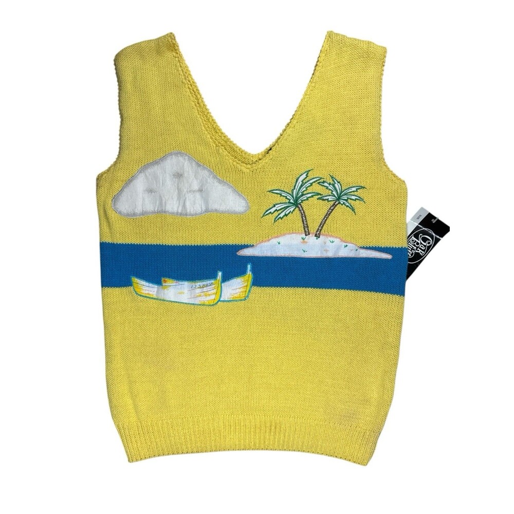 Vintage Oak Bluff Yellow Knit Sweater Vest L Beach Scene Palm Tree Design NWT